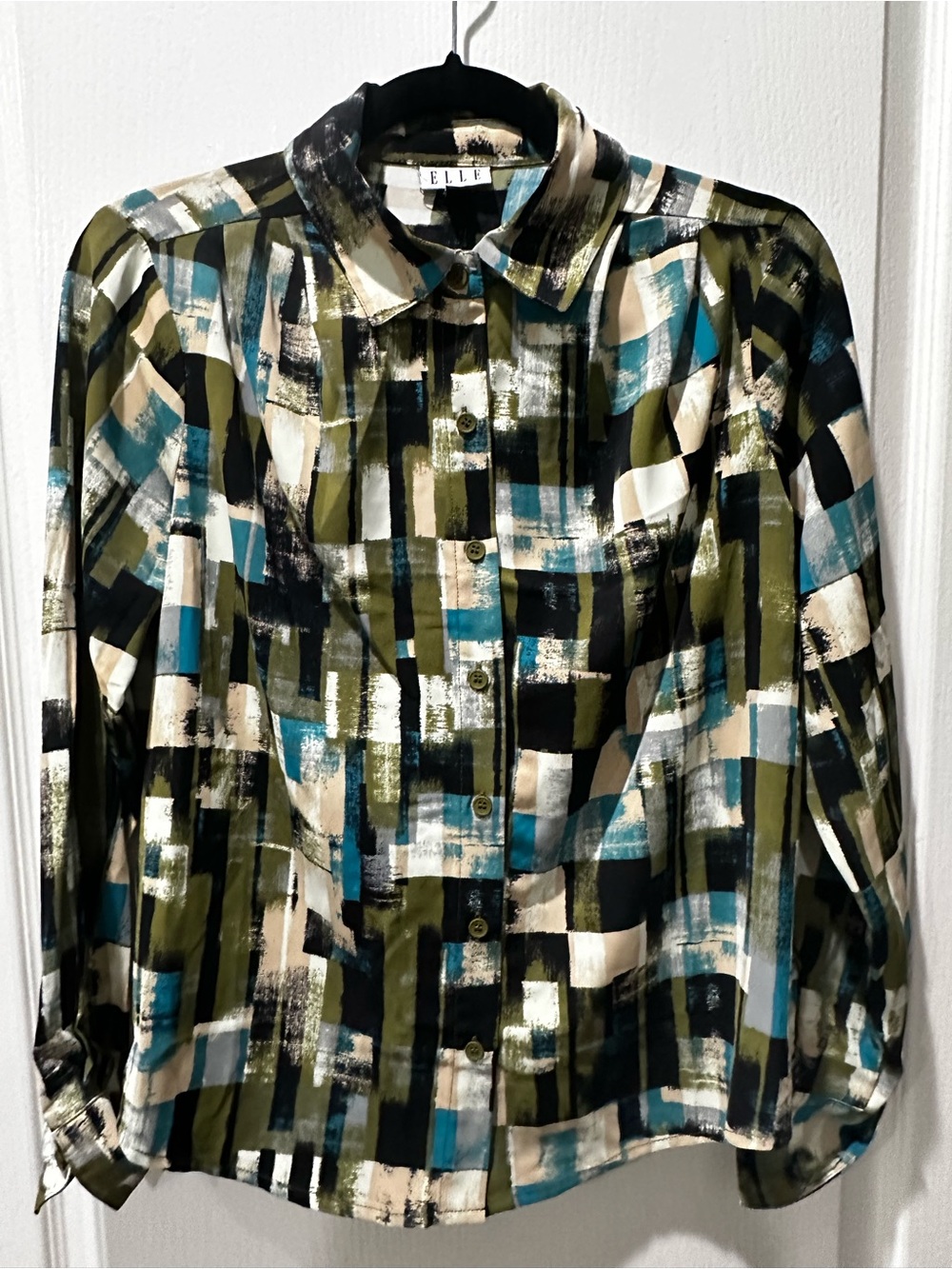 ELLE Olive, Teal & Cream Abstract Plaid Button-Front Blouse